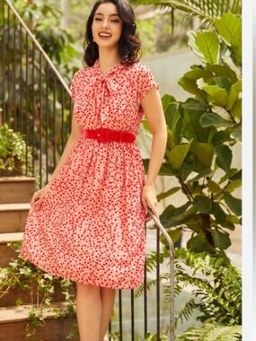 ModCloth Velvet Red & Pink Polka Dot Dress with Tie Neck & Pockets Size 6
Pin up